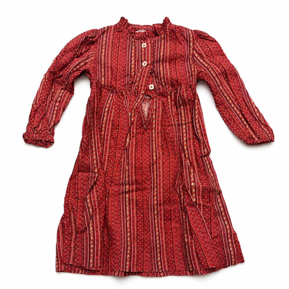 Vintage 1980s Heather Holloway Girls Prairie Dress Red Calico Floral Size 4/5